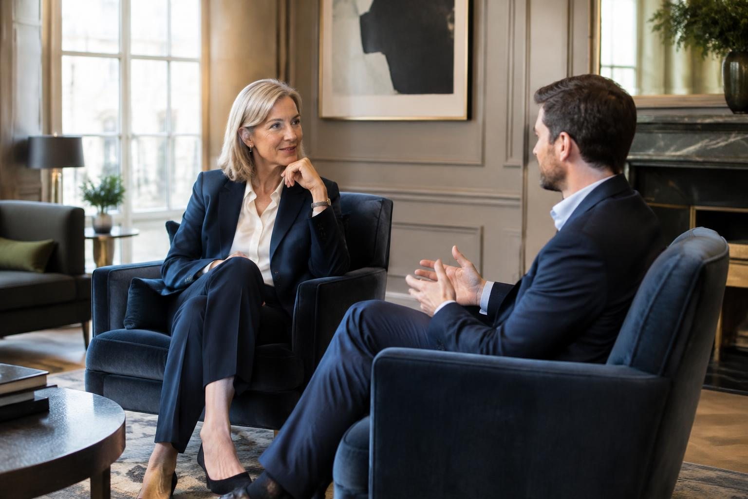 An adviser listening to a business leader in a private executive lounge